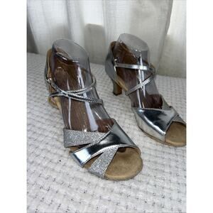 Wuzhiyan Womens Latin Ballroom Dance Shoe Sz 40 Silver Metallic Glitter Open Toe